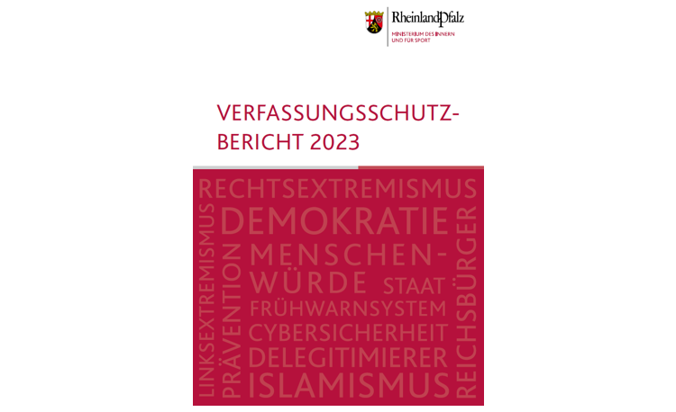 Vorderseite des Verfassungsschutzberichtes 2023 des Landes Rheinland-Pfalz