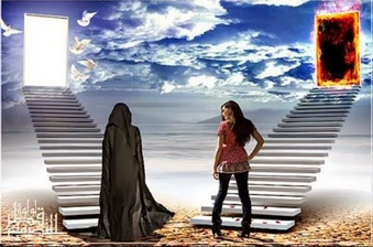 Islamistisches Frauenbild: Die vollverschleierte Frau gelangt über eine Treppe ins helle Licht, die westlich und modisch gekleidete ins Feuer.