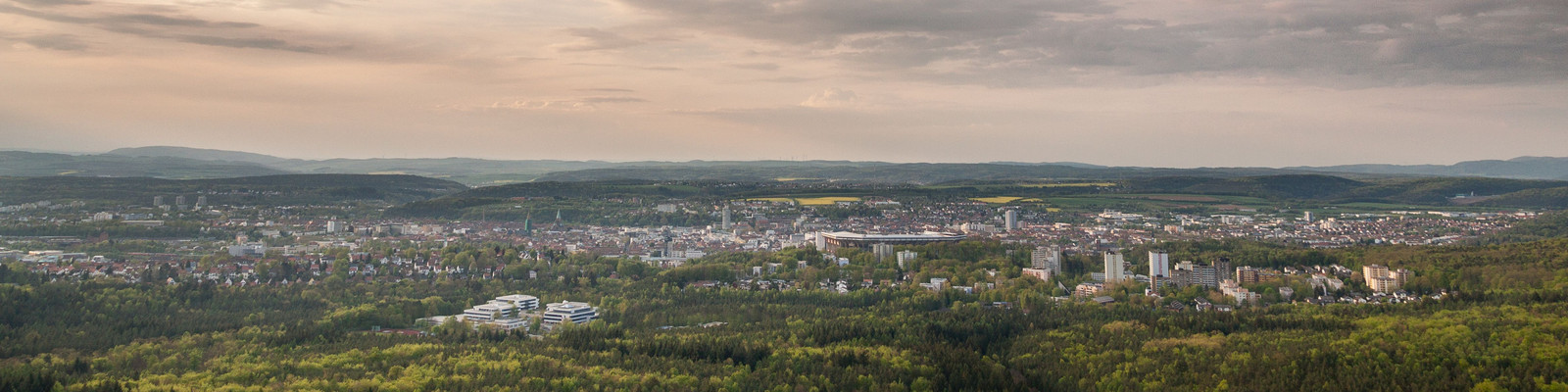 Blick auf Kaiserslautern vom Humbergturm aus, mit Wald, Himmel und Wolken.