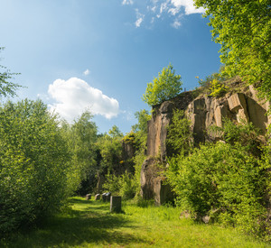 Felswand im Mayener Grubenfeld, einem ehemaligen Abbau-Gebiet für Basaltgestein