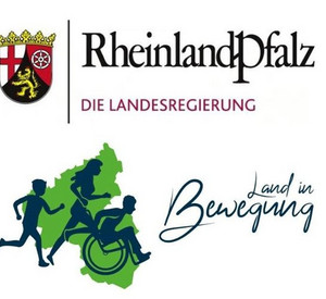 Collage aus einzelnen Logos: Rheinland-Pfalz Logo inklusive Wappen, Umrisse von Menschen in Bewegung vor einer grünen Landkarte Rheinland-Pfalz, Schriftzug: Land in Bewegung