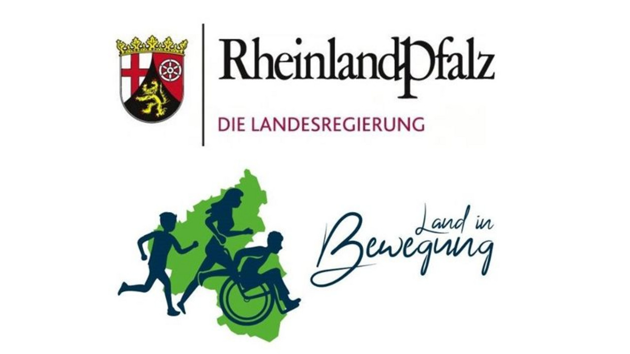 Collage aus einzelnen Logos: Rheinland-Pfalz Logo inklusive Wappen, Umrisse von Menschen in Bewegung vor einer grünen Landkarte Rheinland-Pfalz, Schriftzug: Land in Bewegung