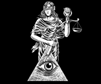 Justitia, die Göttin der Gerechtigkeit, hat verbundene Augen und hält eine große Spritze in der Hand. Die Waage in der anderen Hand ist nicht im Gleichgewicht. Vor ihr steht ein Auge der Vorsehung.
