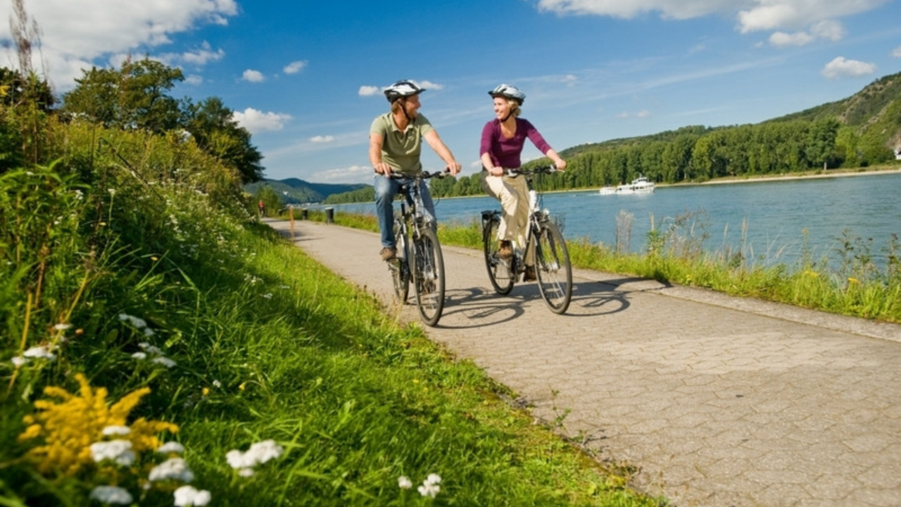 Zwei Fahrradfahrer unterwegs auf dem Radweg am Rhein.