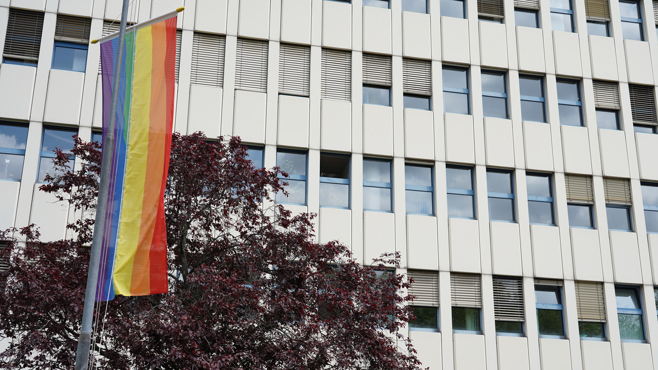 Die Regenbogenflagge weht vor dem PP Mainz.