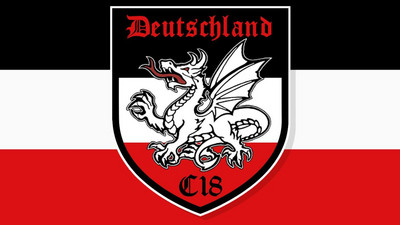 Logo der Organisation „Combat 18“ zeigt einen Drachen und ist in schwarz-weiß-rot gehalten..