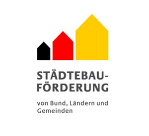 Logo der Städtebauförderung: Drei Hausumrisse in schwarz, rot, gelb